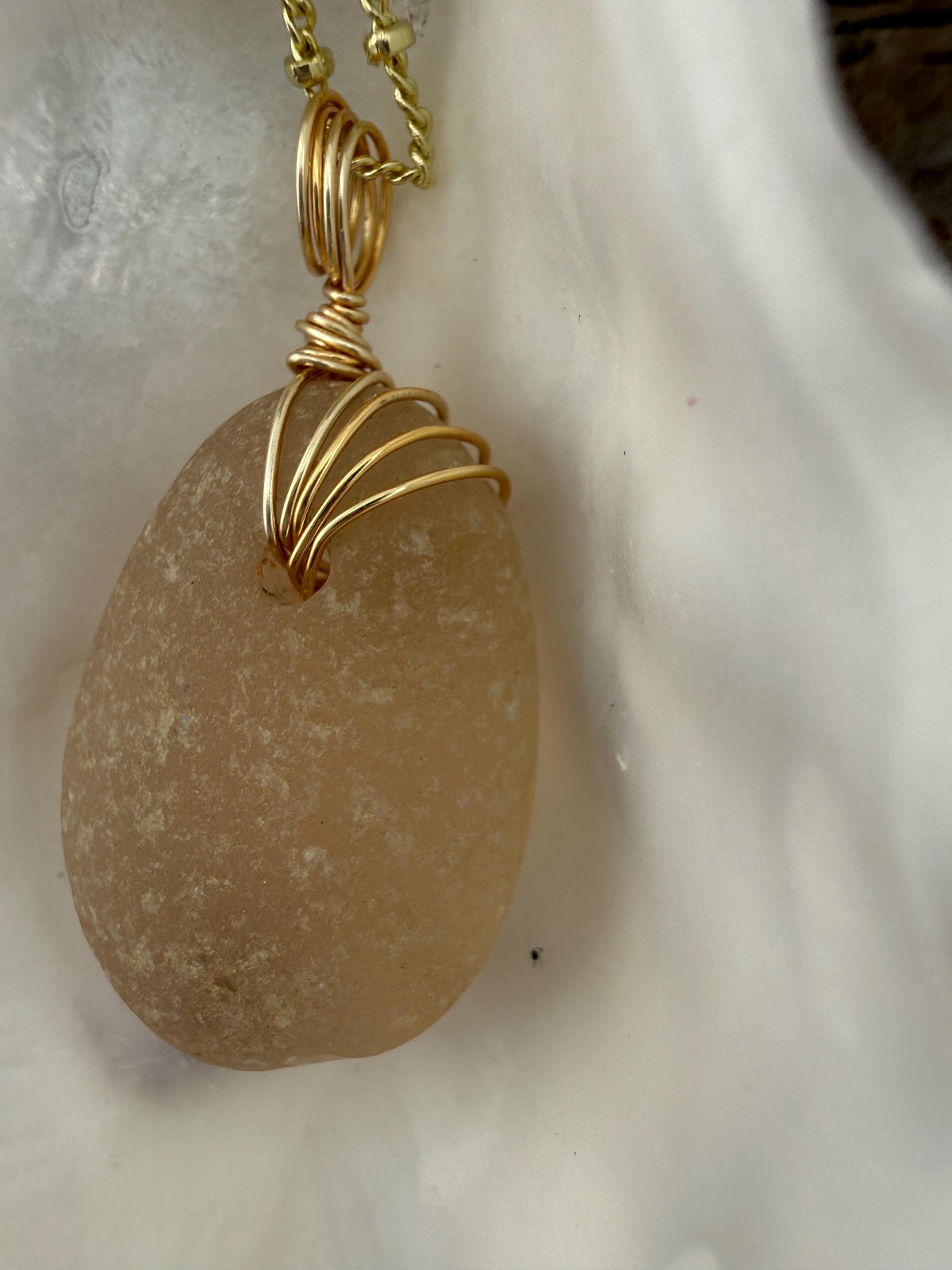 Champagne Sea Glass Necklace, Real Caribbean Sea Glass Pendant, Gold Wire Wrapped Beach Jewelry, Coastal Gift for Her