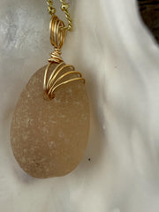 Champagne Sea Glass Necklace, Real Caribbean Sea Glass Pendant, Gold Wire Wrapped Beach Jewelry, Coastal Gift for Her