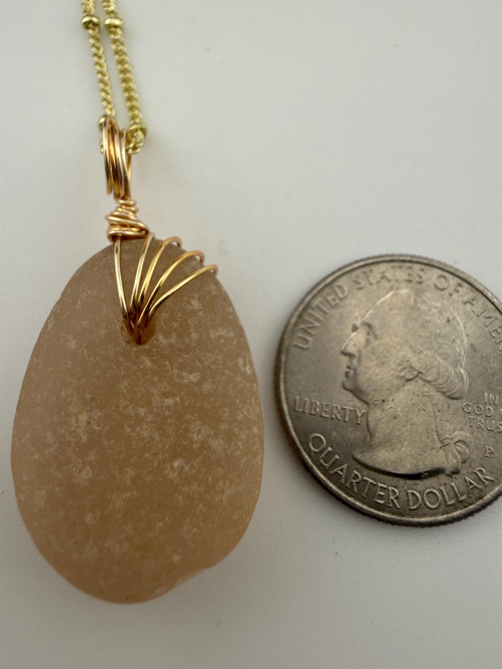 Champagne Sea Glass Necklace, Real Caribbean Sea Glass Pendant, Gold Wire Wrapped Beach Jewelry, Coastal Gift for Her