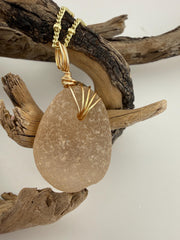 Champagne Sea Glass Necklace, Real Caribbean Sea Glass Pendant, Gold Wire Wrapped Beach Jewelry, Coastal Gift for Her