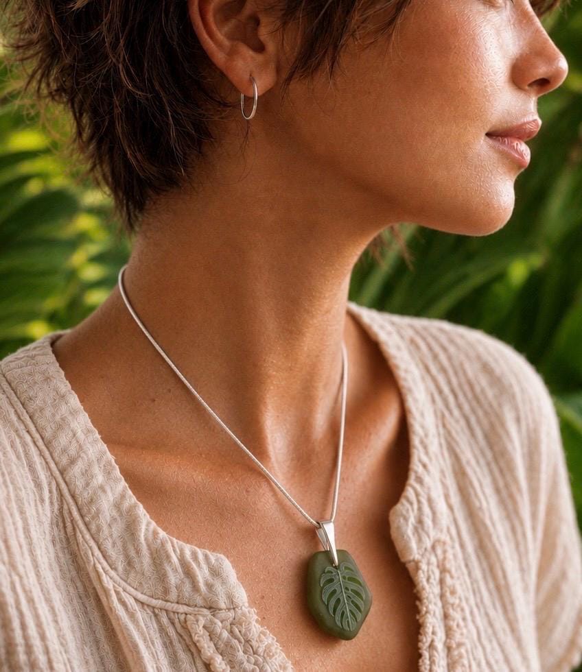 Laser-Engraved Monstera Leaf Sea Glass Pendant: Silver Necklace