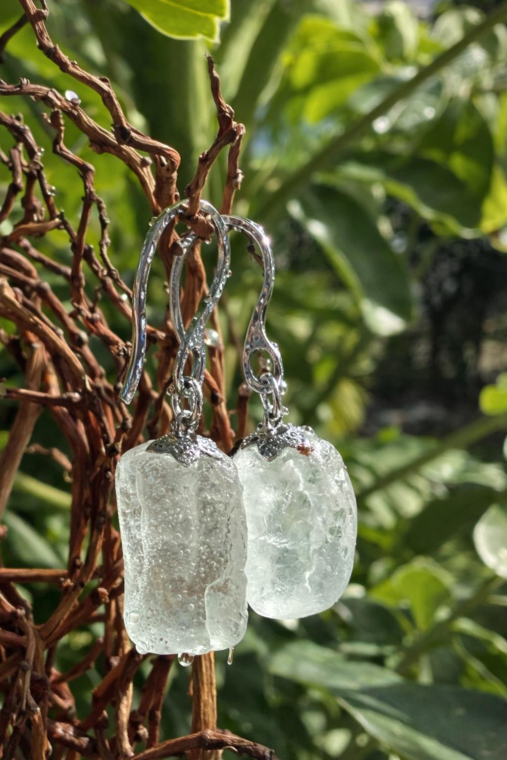 Caribbean Ice™ Genuine Sea Glass Earrings, Tempered Ocean Glass Earrings, Coastal Dangle Earrings, Boho Beach Jewelry, Unique