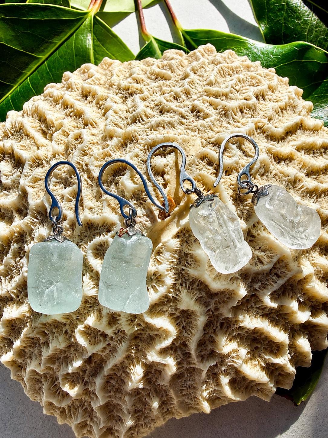 Caribbean Ice™ Genuine Sea Glass Earrings, Tempered Ocean Glass Earrings, Coastal Dangle Earrings, Boho Beach Jewelry, Unique