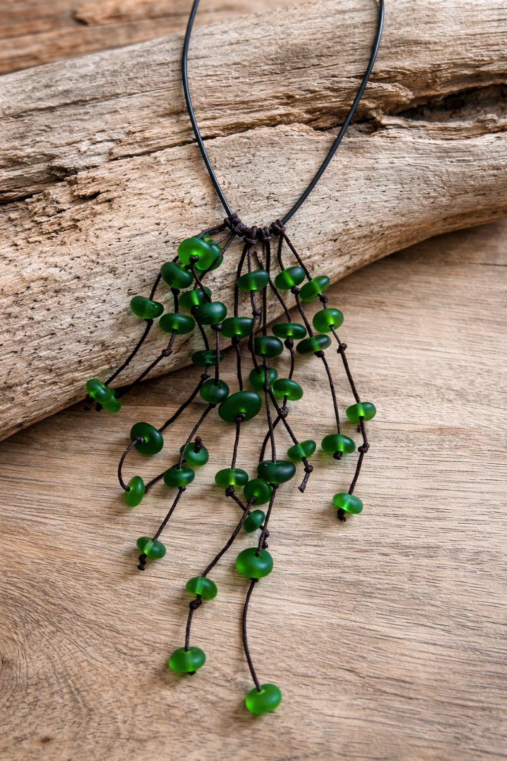 Caribbean Green Sea Glass Goddess Necklace & Earrings Set: Knotted Upcycled Jewelry