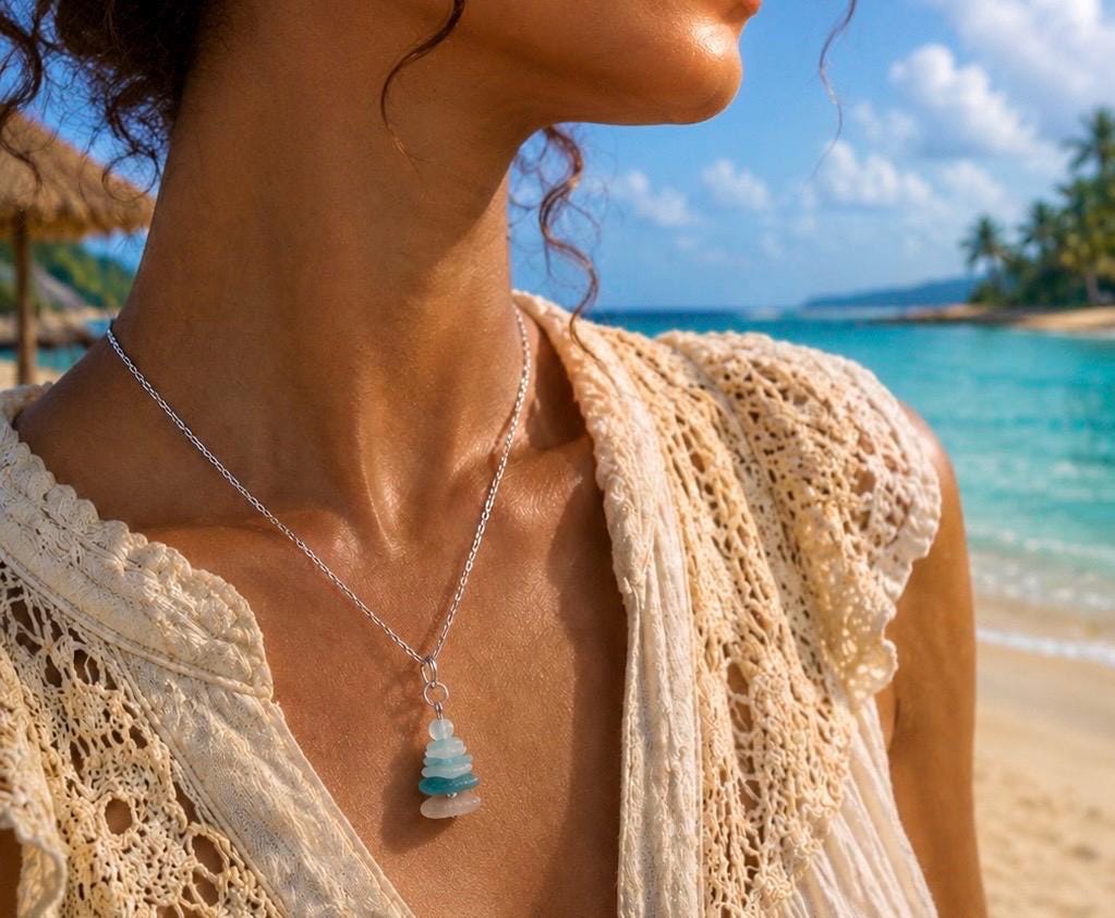 Caribbean Sea Glass Cairn Necklace, Remembrance Jewelry, Memorial Gift, Genuine Sea Glass Pendant, Coastal Jewelry