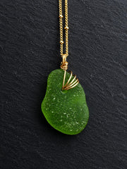 Lime Green Sea Glass Pendant – Genuine Caribbean Find, Hand-Drilled & Artistic Gold Wire Wrapped Necklace