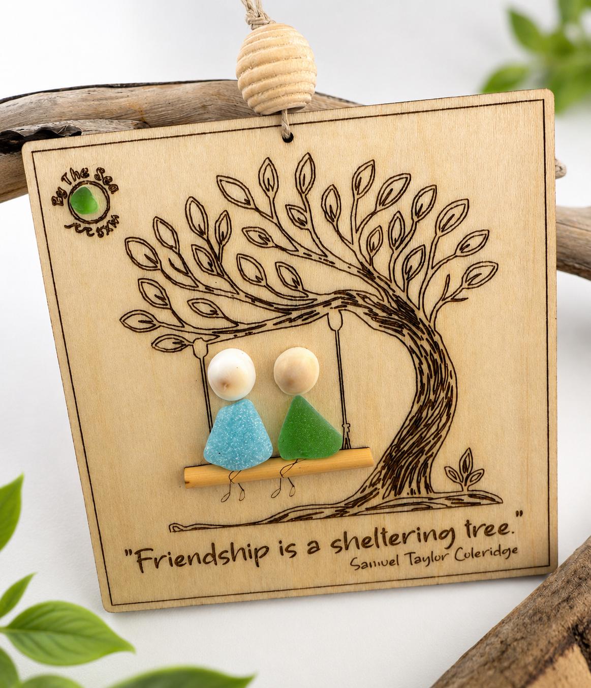 Friendship Sea Glass Ornament, Engraved Wood Sheltering Tree, Personalized BFF Gift