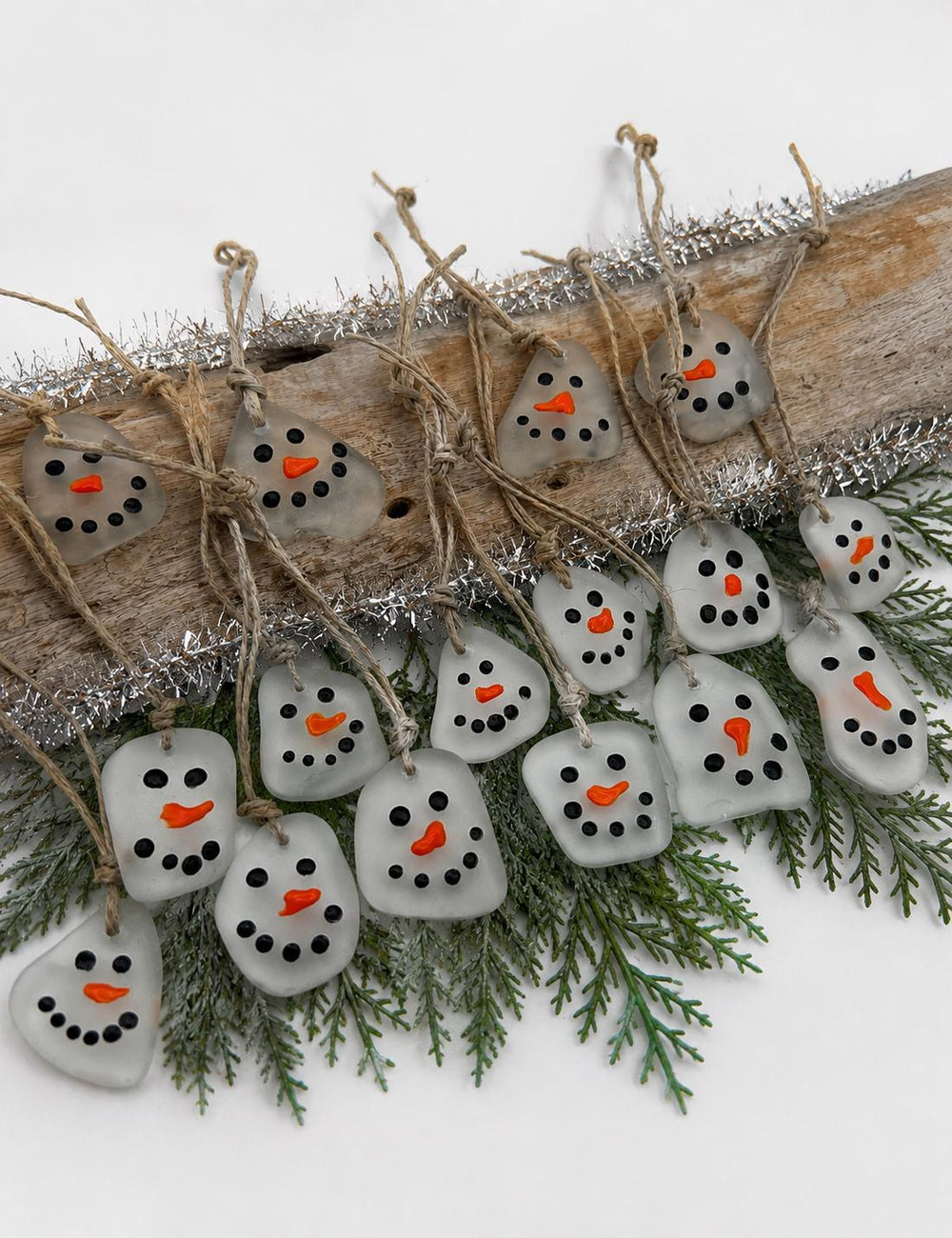 Set of 2 Hand-Painted Sea Glass Snowman Ornaments or Gift Tags – Coastal Holiday Decor