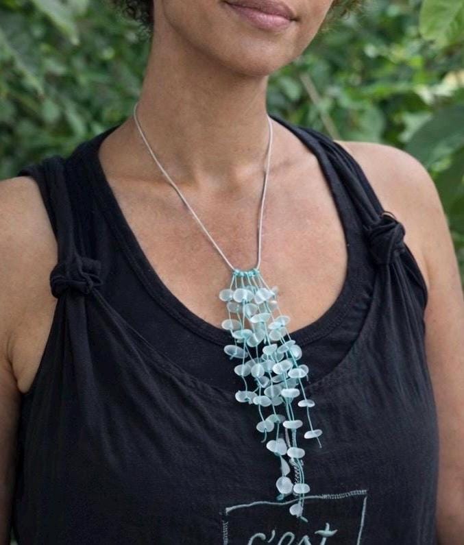 Caribbean Sea Glass Necklace & Earring Set: Knotted Pendant, Upcycled Ocean Jewelry