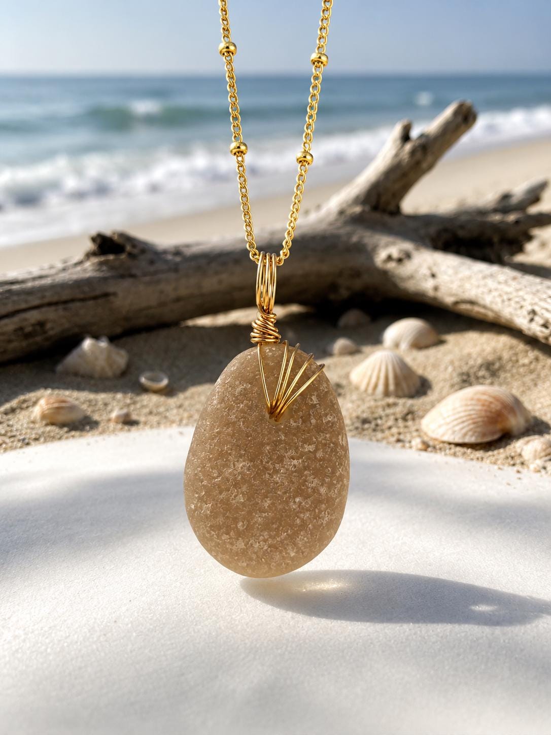 Champagne Sea Glass Necklace, Real Caribbean Sea Glass Pendant, Gold Wire Wrapped Beach Jewelry, Coastal Gift for Her