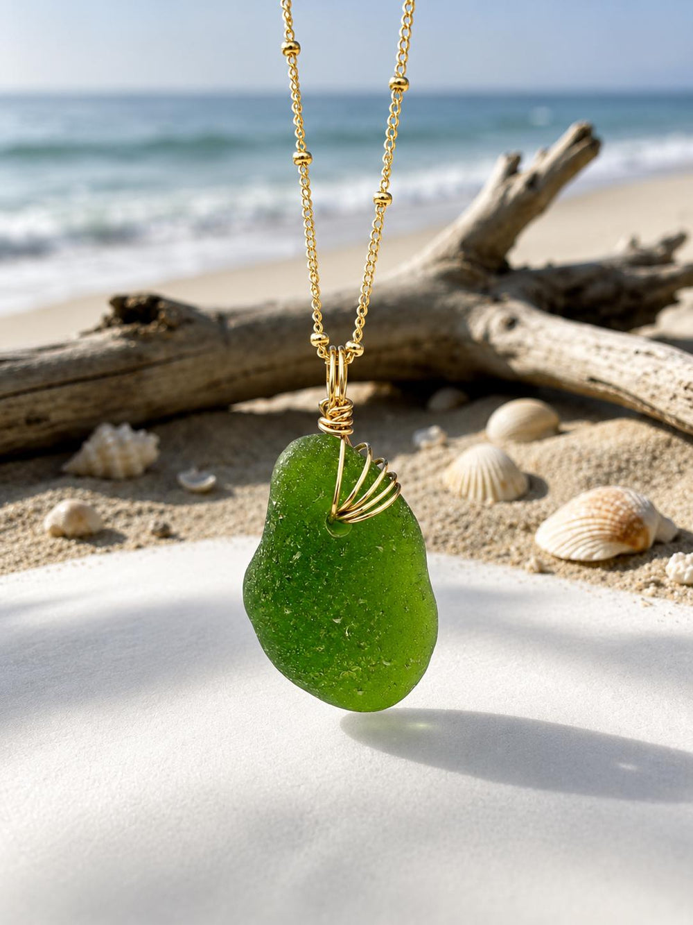 Lime Green Sea Glass Pendant – Genuine Caribbean Find, Hand-Drilled & Artistic Gold Wire Wrapped Necklace