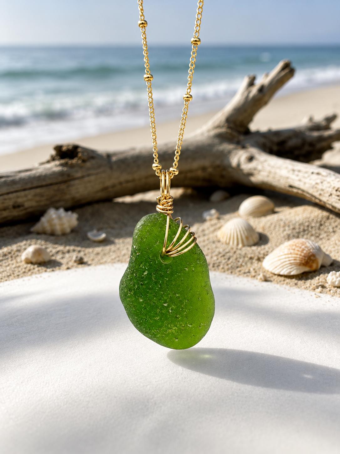 Lime Green Sea Glass Pendant – Genuine Caribbean Find, Hand-Drilled & Artistic Gold Wire Wrapped Necklace