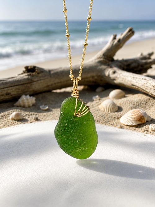 Lime Green Sea Glass Pendant – Genuine Caribbean Find, Hand-Drilled & Artistic Gold Wire Wrapped Necklace