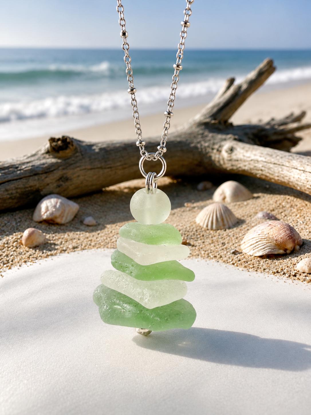 Caribbean Sea Glass Cairn Necklace, Remembrance Jewelry, Memorial Gift, Genuine Sea Glass Pendant, Coastal Jewelry