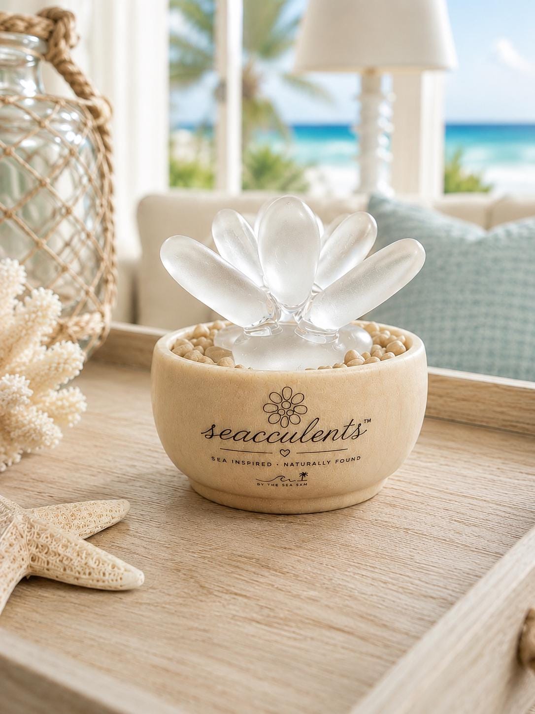 Seacculents™ Authentic Caribbean Sea Glass Succulent in Engraved Wooden Pot | Coastal Desk Decor | Beach House Gift | Genuine