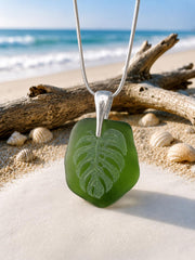 Laser-Engraved Monstera Leaf Sea Glass Pendant: Silver Necklace