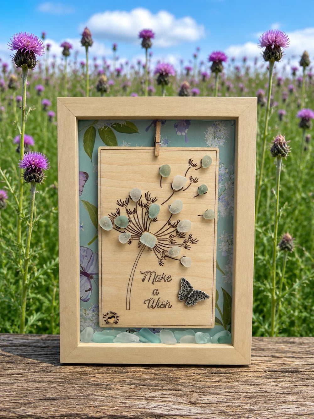Sea Glass Art: Dandelion « Make a Wish », Butterfly - Framed Personalized Unique Friendship Birthday Gift