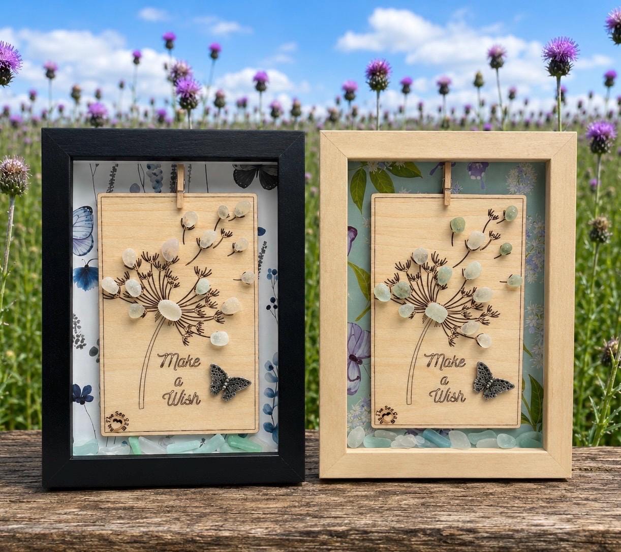 Sea Glass Art: Dandelion « Make a Wish », Butterfly - Framed Personalized Unique Friendship Birthday Gift