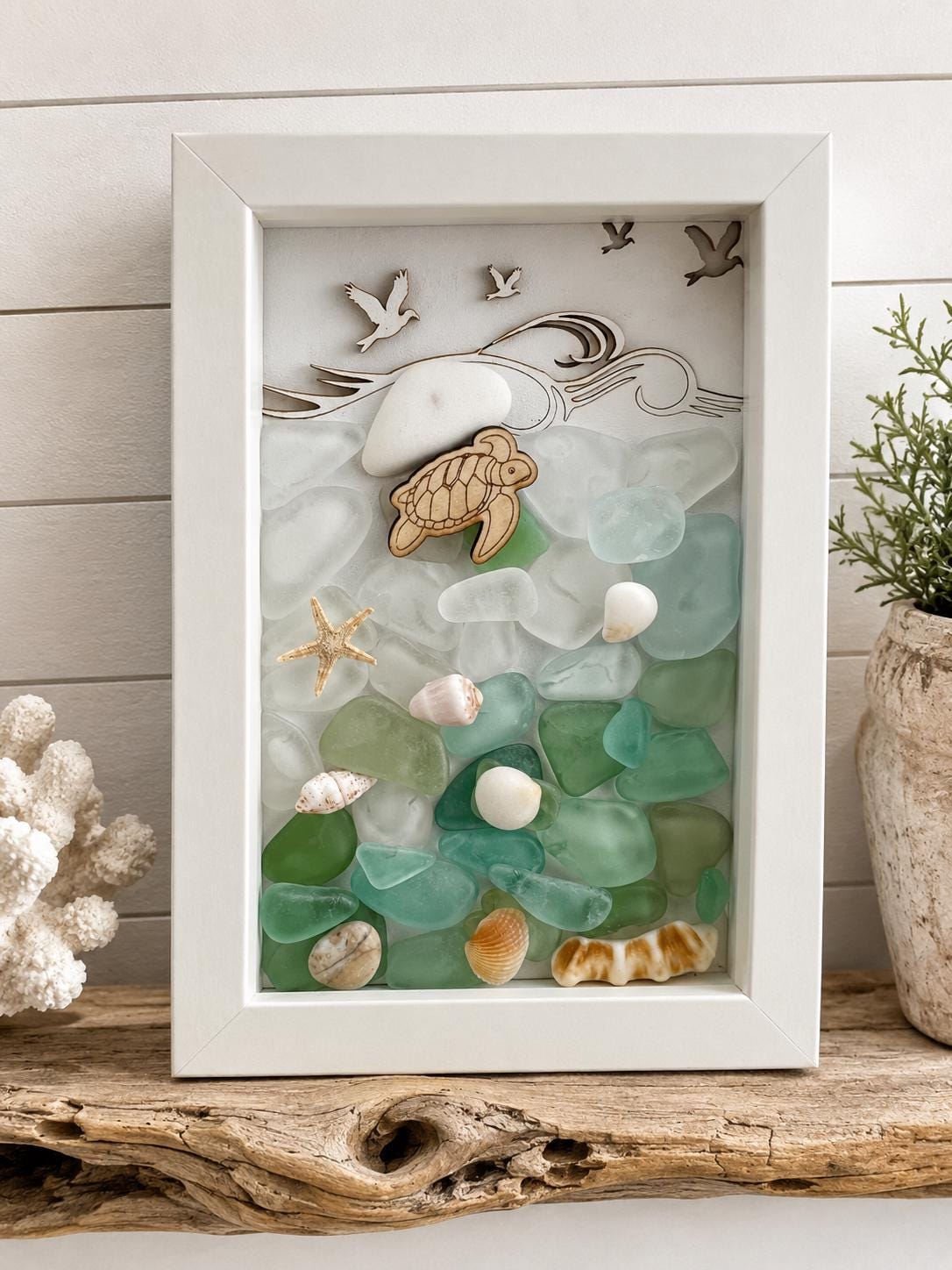 Sea Glass Mosaic Art – Sea Turtle, Framed Coastal Decor (4.5" x 6")
