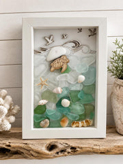 Sea Glass Mosaic Art – Sea Turtle, Framed Coastal Decor (4.5" x 6")