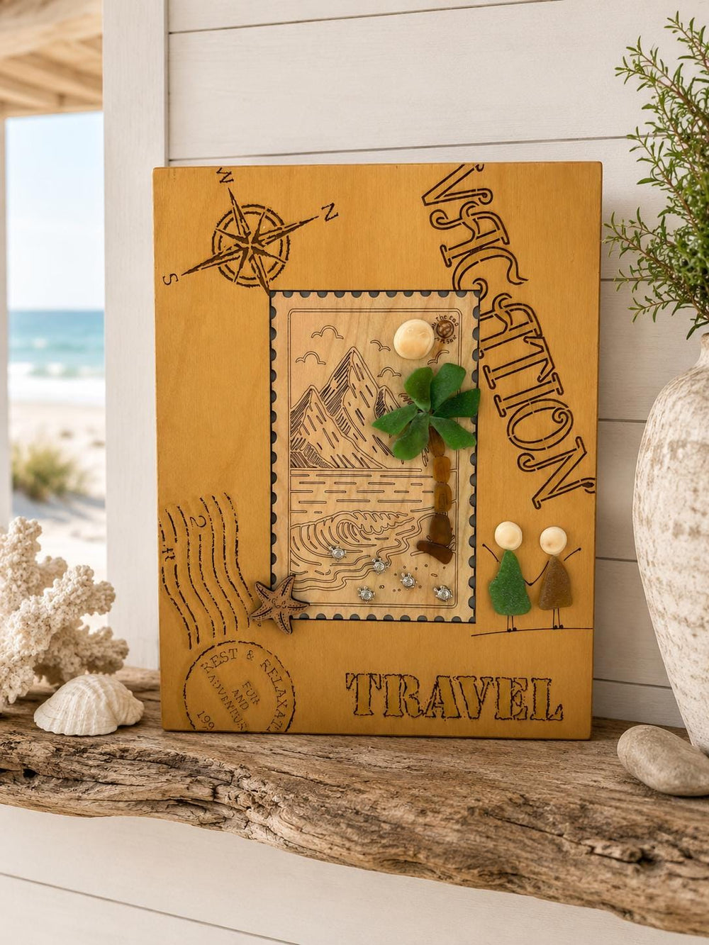 Sea Glass Palm Tree & Turtles Coastal Art - Framed Vintage Travel Scene