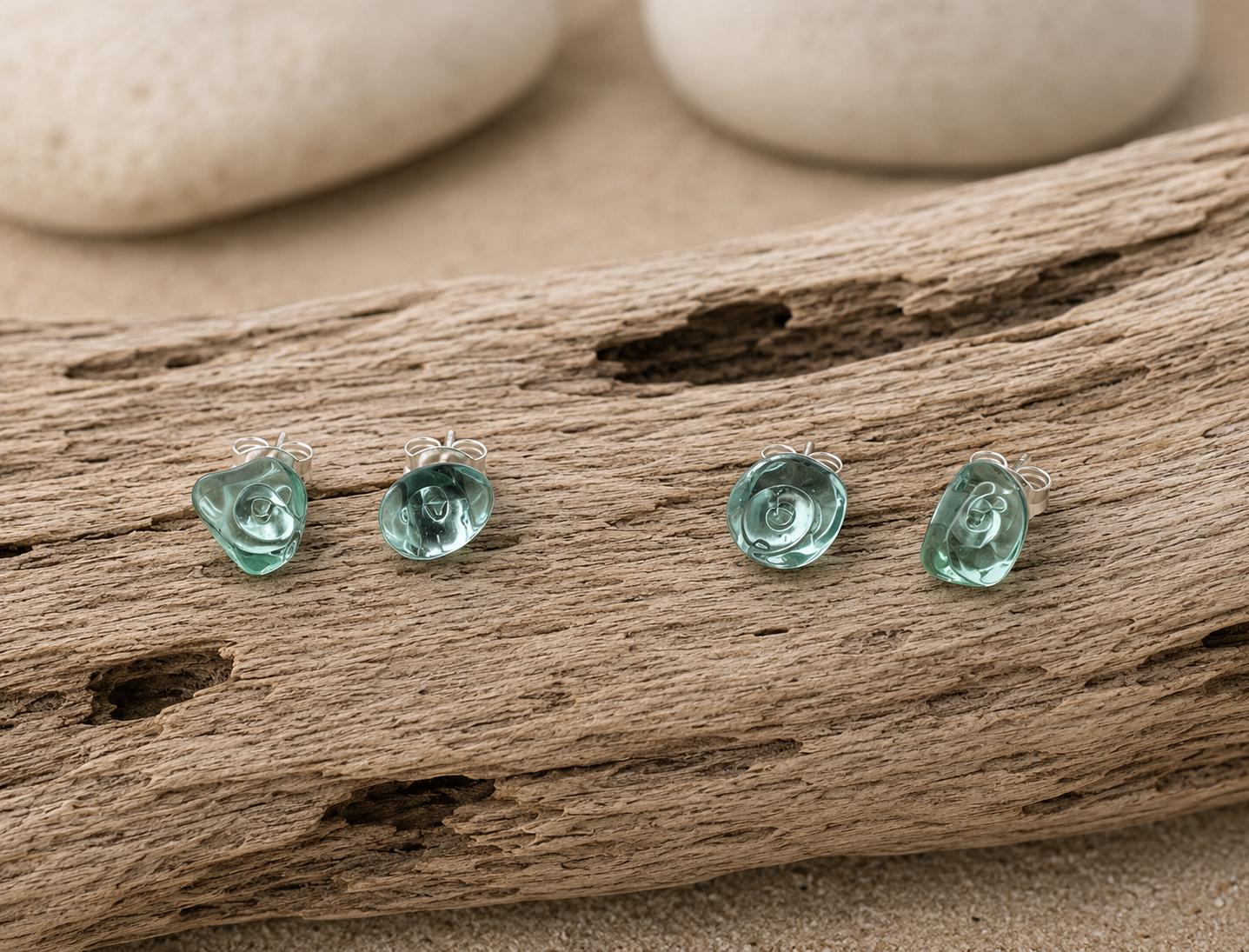 Caribbean Sea Glass & Resin Stud Earrings, Hypoallergenic Boho Jewelry