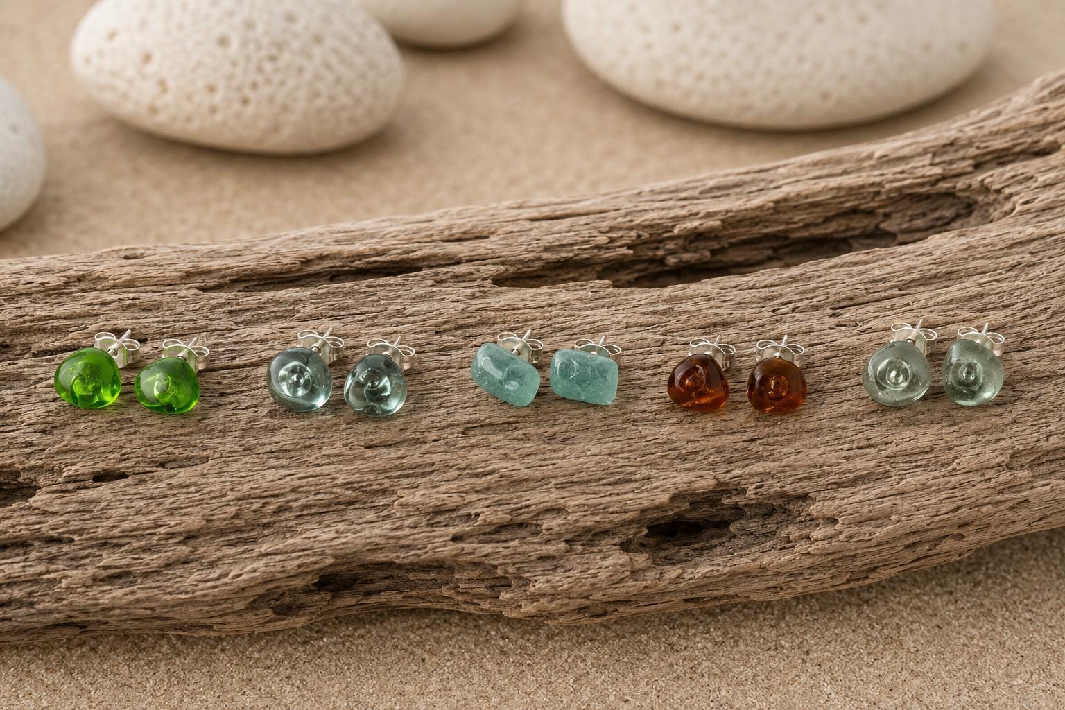 Caribbean Sea Glass & Resin Stud Earrings, Hypoallergenic Boho Jewelry