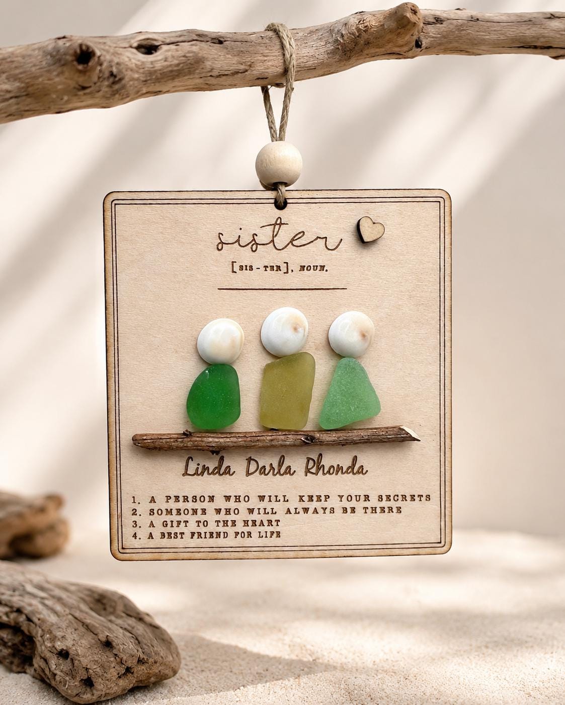 Handmade Sea Glass Sister Keepsake Ornament, Personalized Wood Family Art