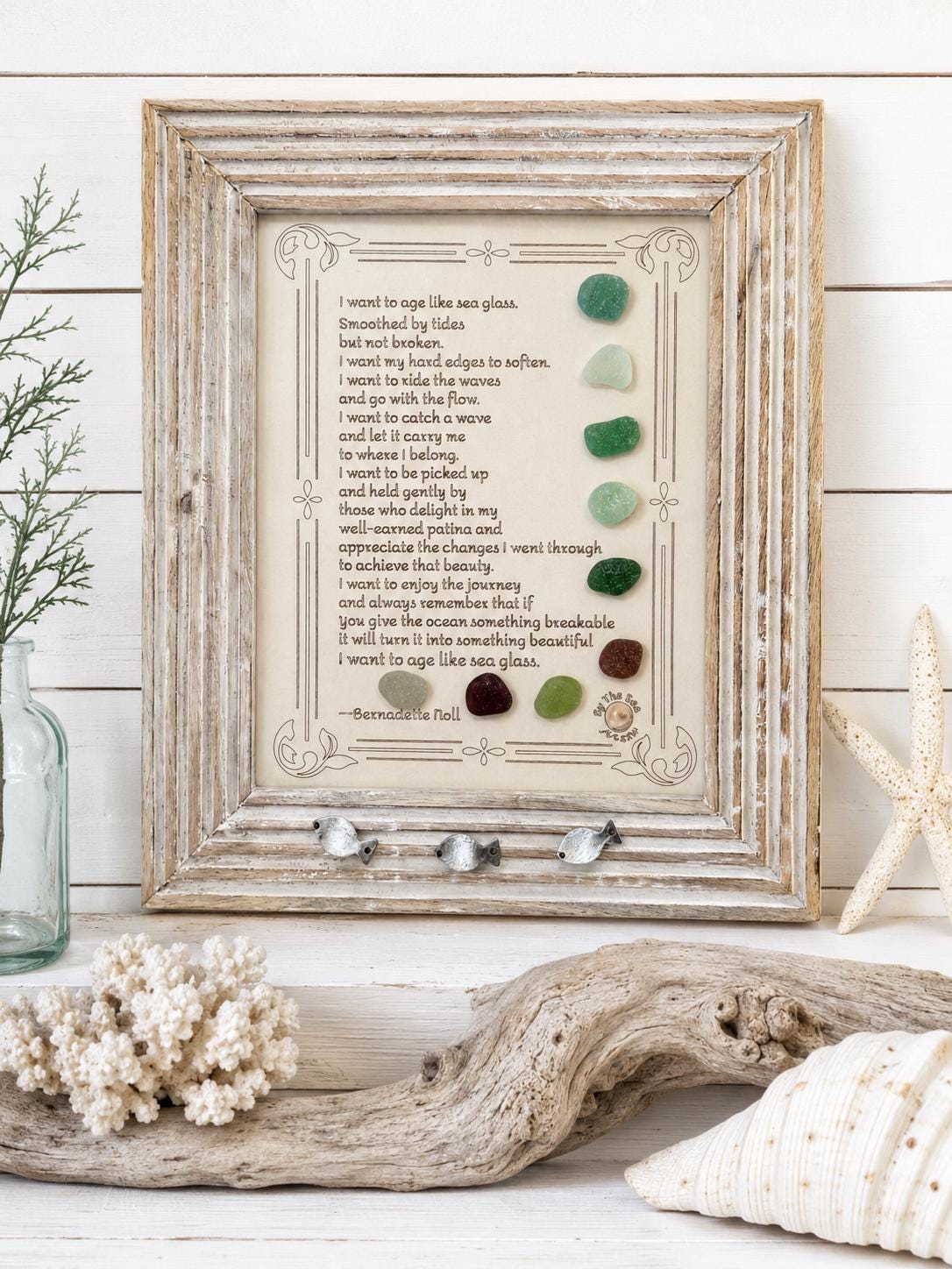 I Want to Age Like Sea Glass Poem | Framed Sea Glass Coastal Art | Inspirational Birthday Gift for Mom, Friend, Sister, Beach