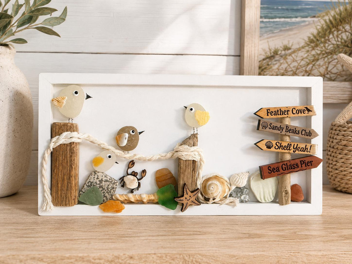 Sea Glass Shorebirds on Driftwood Pier, Handmade Coastal Beach Art, Nautical Wall Decor, NOW Available in 5” x 8” or 5” x 14”