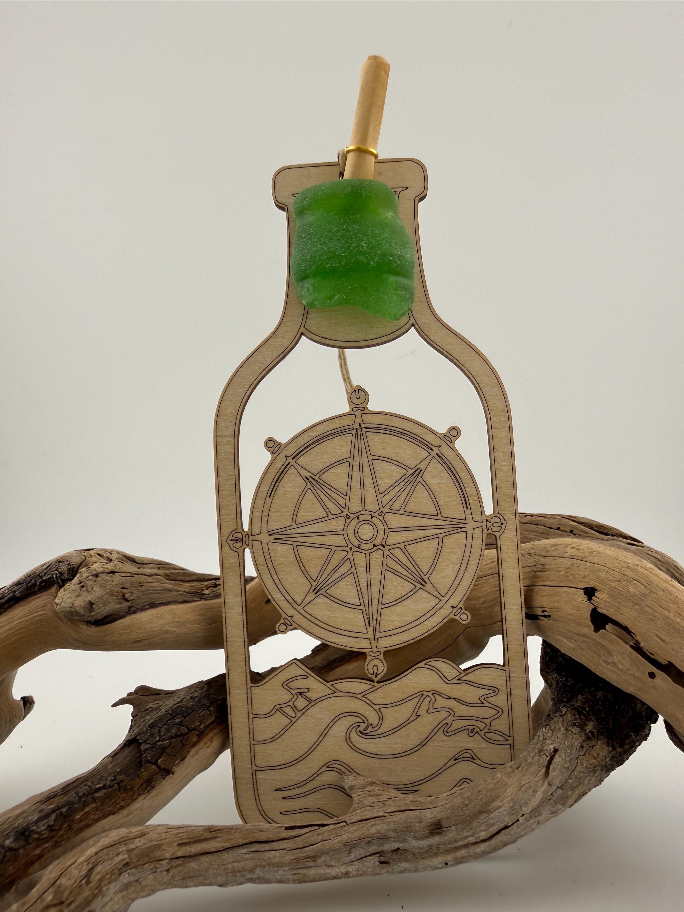 Caribbean Sea Glass Bottle Tag or Ornament, Message in a Bottle gift, Palm Tree, Sailboat or Compass Beach House Gift