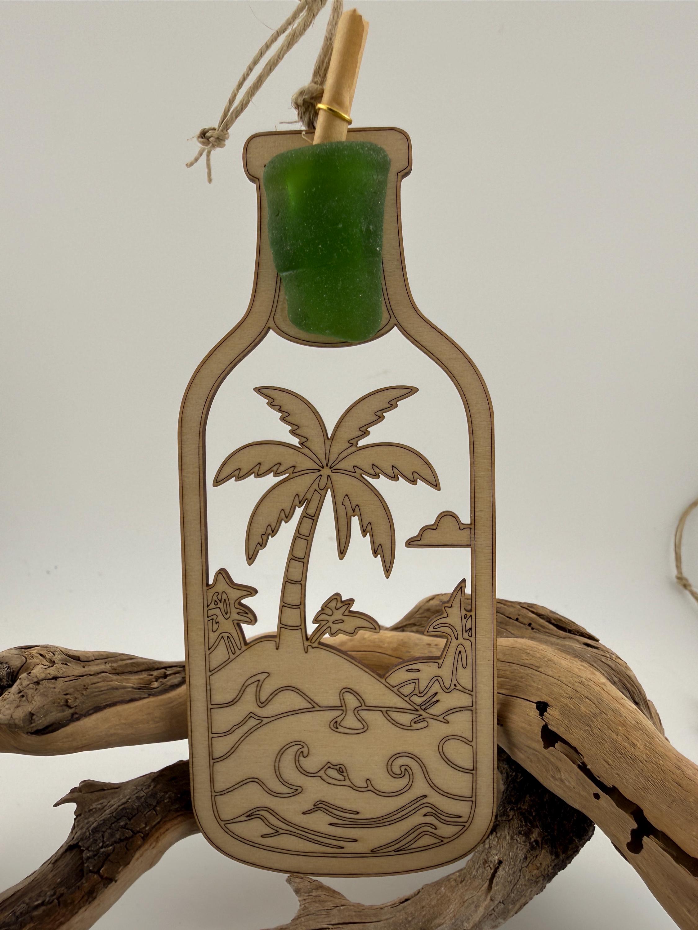 Caribbean Sea Glass Bottle Tag or Ornament, Message in a Bottle gift, Palm Tree, Sailboat or Compass Beach House Gift