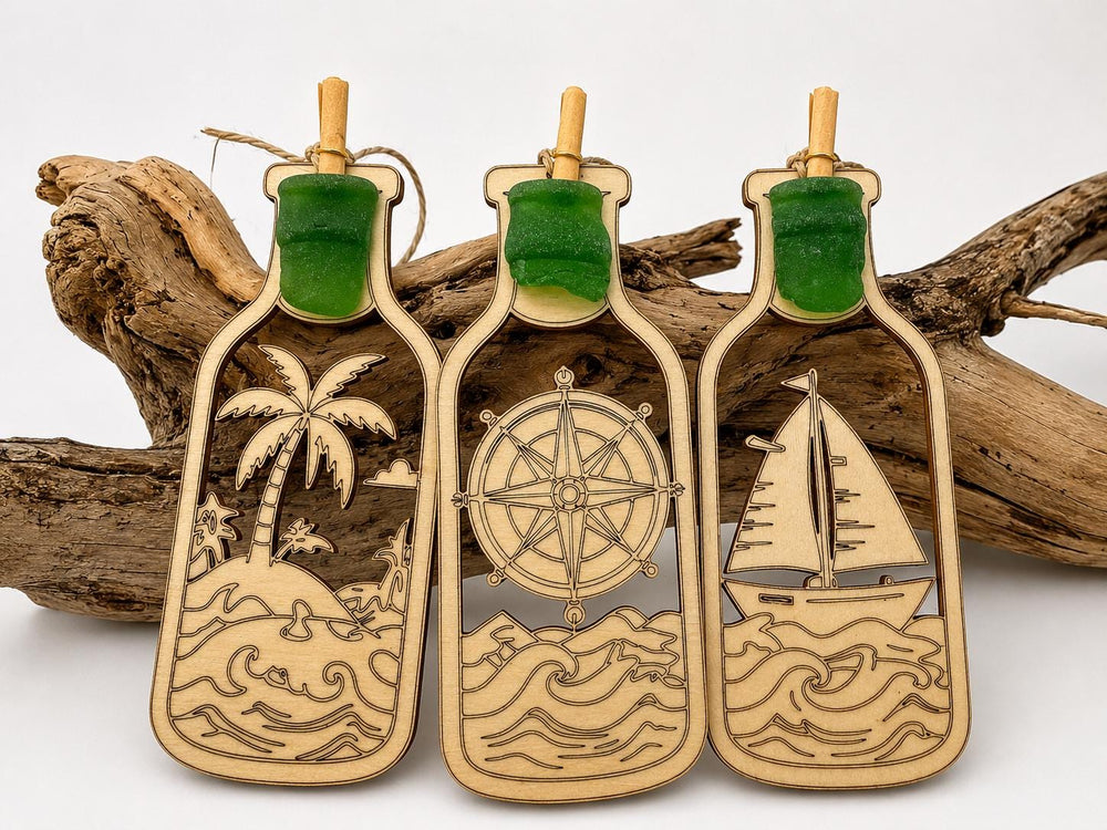 Caribbean Sea Glass Bottle Tag or Ornament, Message in a Bottle gift, Palm Tree, Sailboat or Compass Beach House Gift