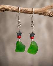 Green Sea Glass Christmas Earrings – Holiday Earrings, Caribbean Beach Jewelry Gift Christmas gift for friend (Under 20)