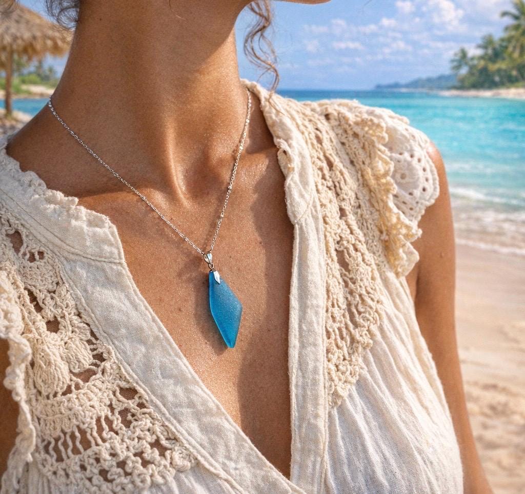 Rare Deep Turquoise Teal Sea Glass Necklace, Authentic Caribbean Beach Glass Pendant, Coastal Ocean Jewelry