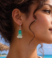 Mermaid Sea Glass Earrings with Palm Tree Holder, Caribbean Aqua Beach Glass Coastal Jewelry