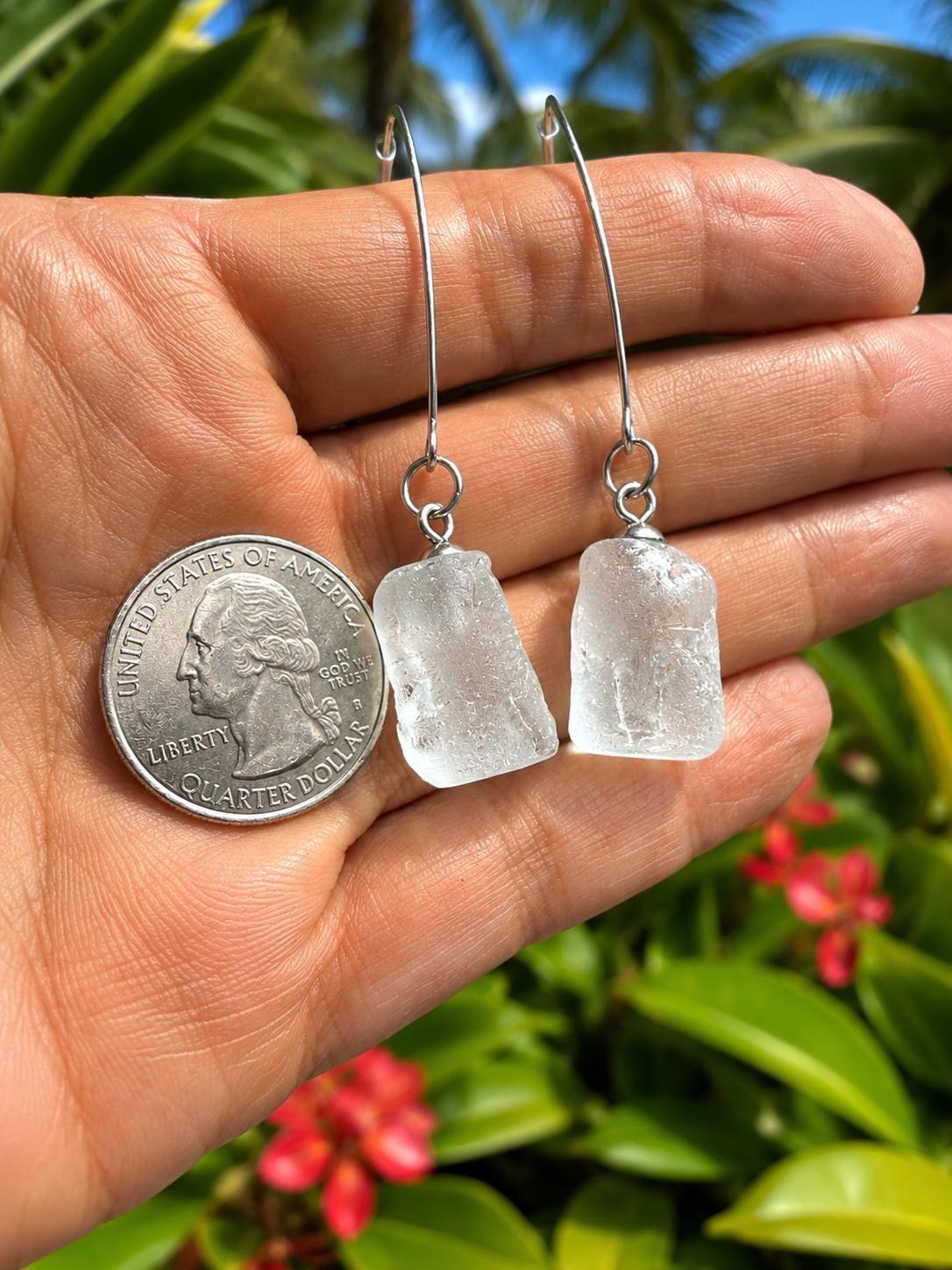 Caribbean Ice™ Genuine Sea Glass Earrings, Tempered Ocean Glass Earrings, Coastal Dangle Earrings, Boho Beach Jewelry, Unique