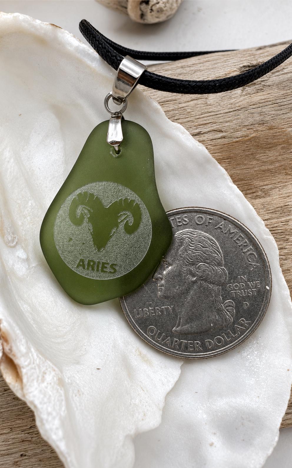 Engraved Zodiac Sea Glass Pendant: Caribbean Astrology BFF Birthday Gift