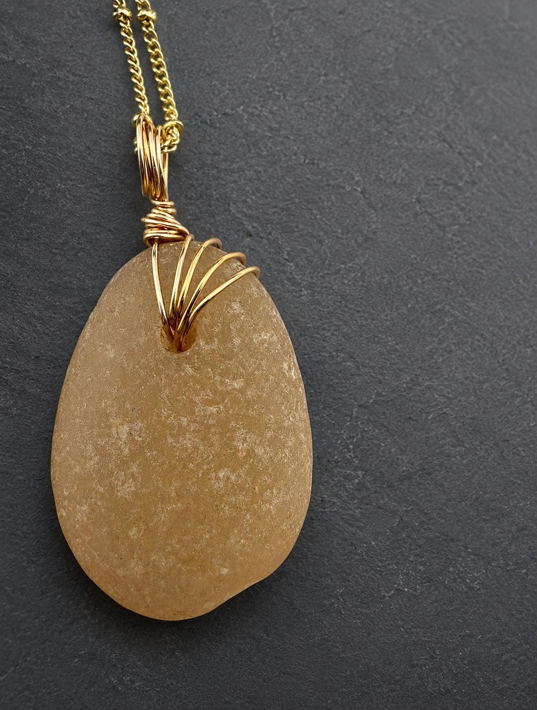 Champagne Sea Glass Necklace, Real Caribbean Sea Glass Pendant, Gold Wire Wrapped Beach Jewelry, Coastal Gift for Her