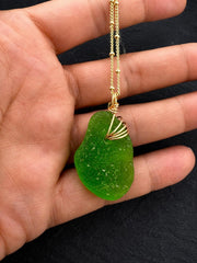 Lime Green Sea Glass Pendant – Genuine Caribbean Find, Hand-Drilled & Artistic Gold Wire Wrapped Necklace