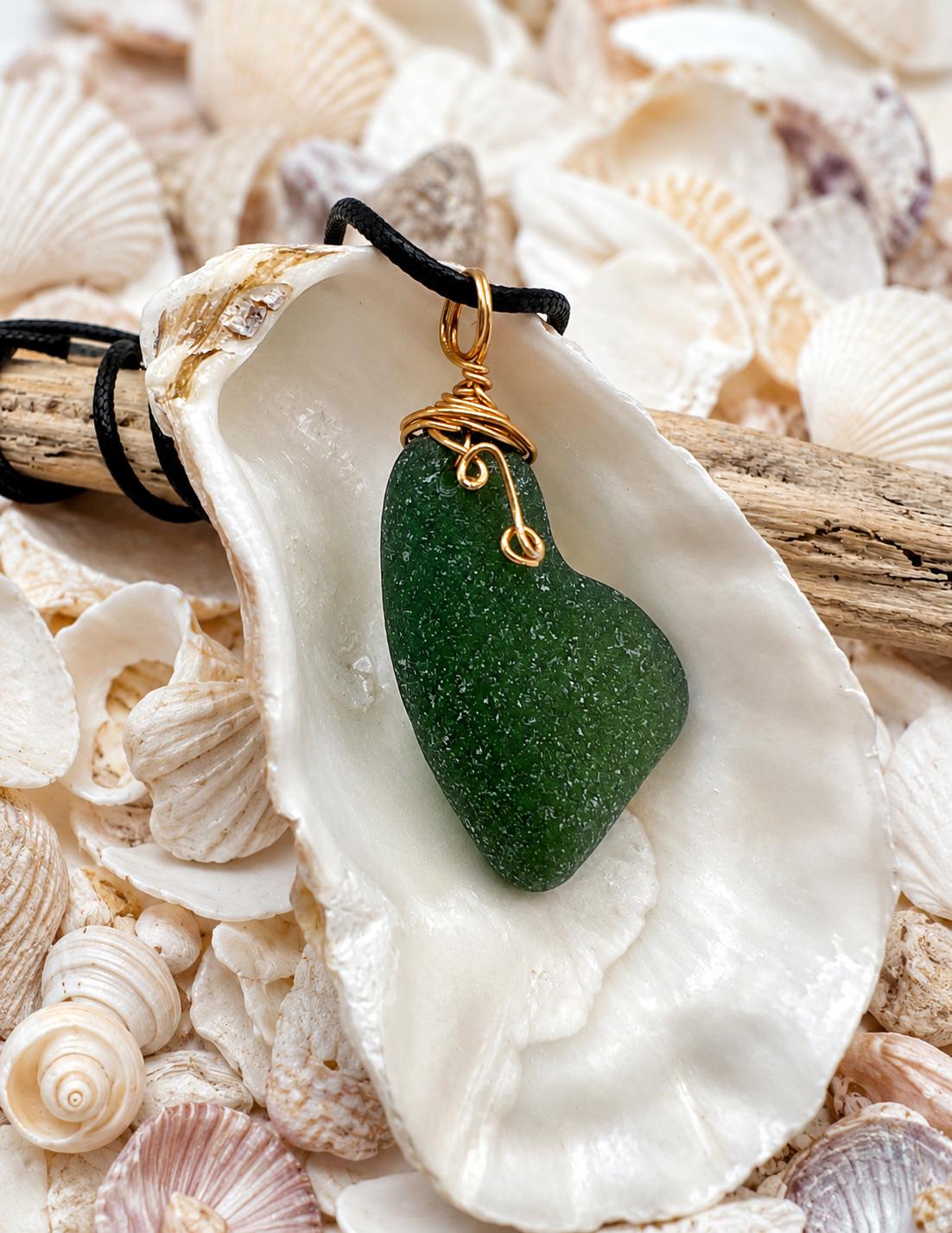 Caribbean Hunter Green Sea Glass Pendant: Gold Wire Wrapped, Stainless Steel Chain
