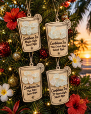 Caribbean Ice Cocktail Ornament Set, Real Sea Glass Christmas Ornaments, Mojito Piña Colada Ti Punch Pain Killer Decor