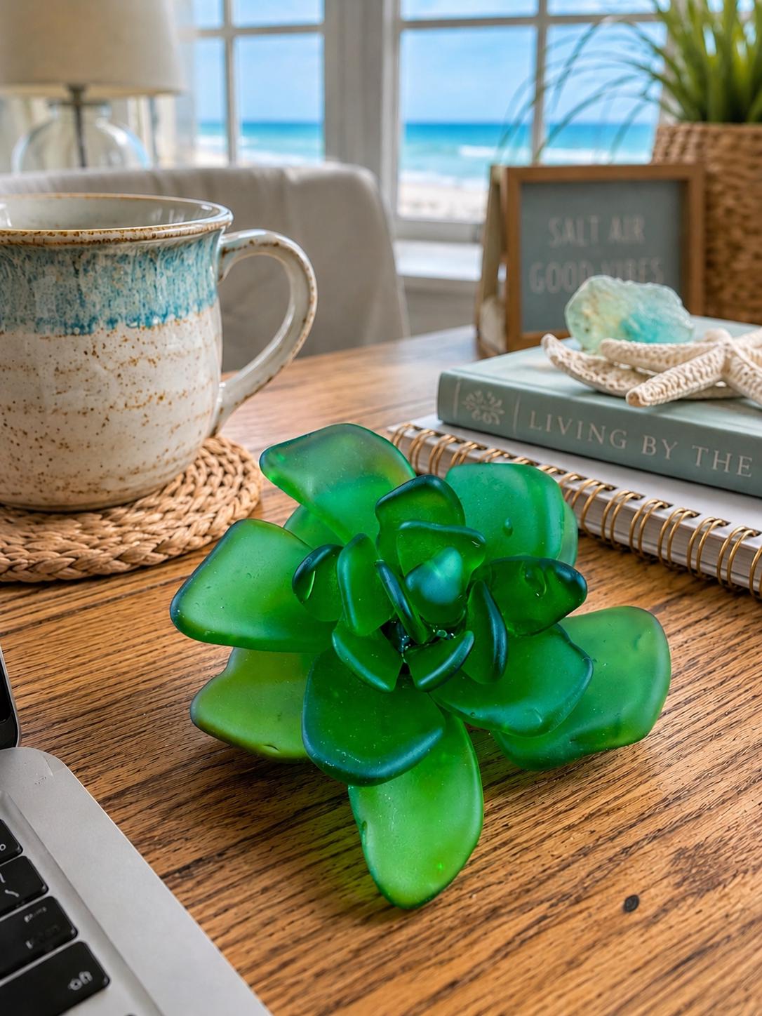 Seacculents™ Authentic Caribbean Sea Glass Succulent in Engraved Wooden Pot | Coastal Desk Decor | Beach House Gift | Saint M
