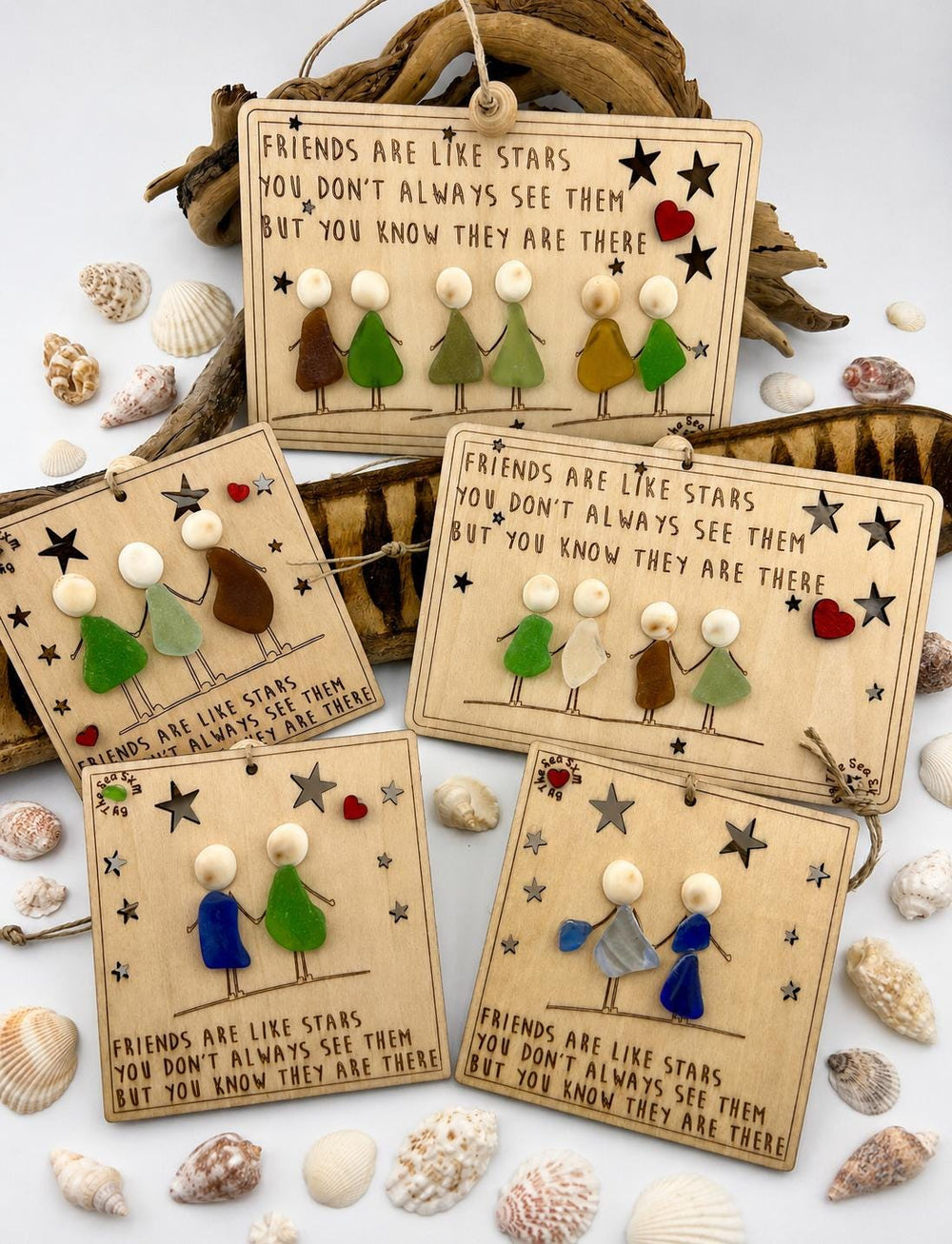 Sea Glass Friendship Ornament, Friends are like Stars, Personalized BFF Group Gift, Handmade Wooden Art
