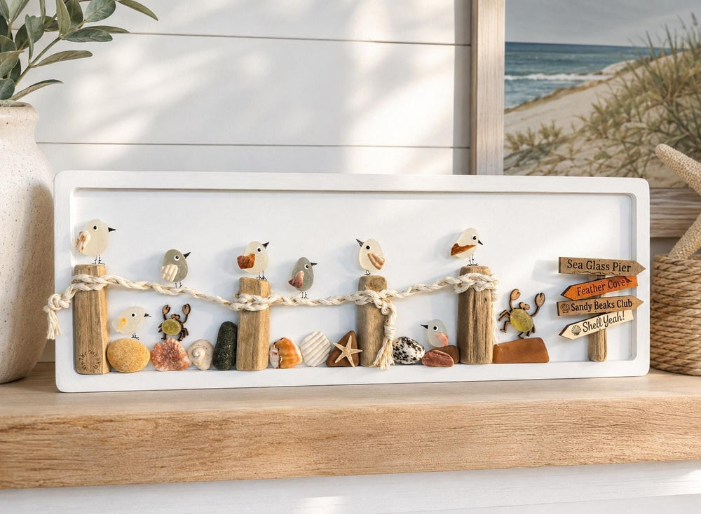 Sea Glass Shorebirds on Driftwood Pier, Handmade Coastal Beach Art, Nautical Wall Decor, NOW Available in 5” x 8” or 5” x 14”