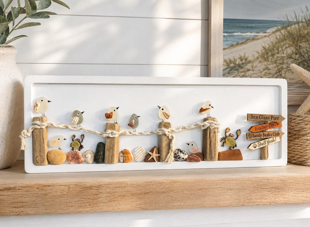Sea Glass Shorebirds on Driftwood Pier, Handmade Coastal Beach Art, Nautical Wall Decor, NOW Available in 5” x 8” or 5” x 14”