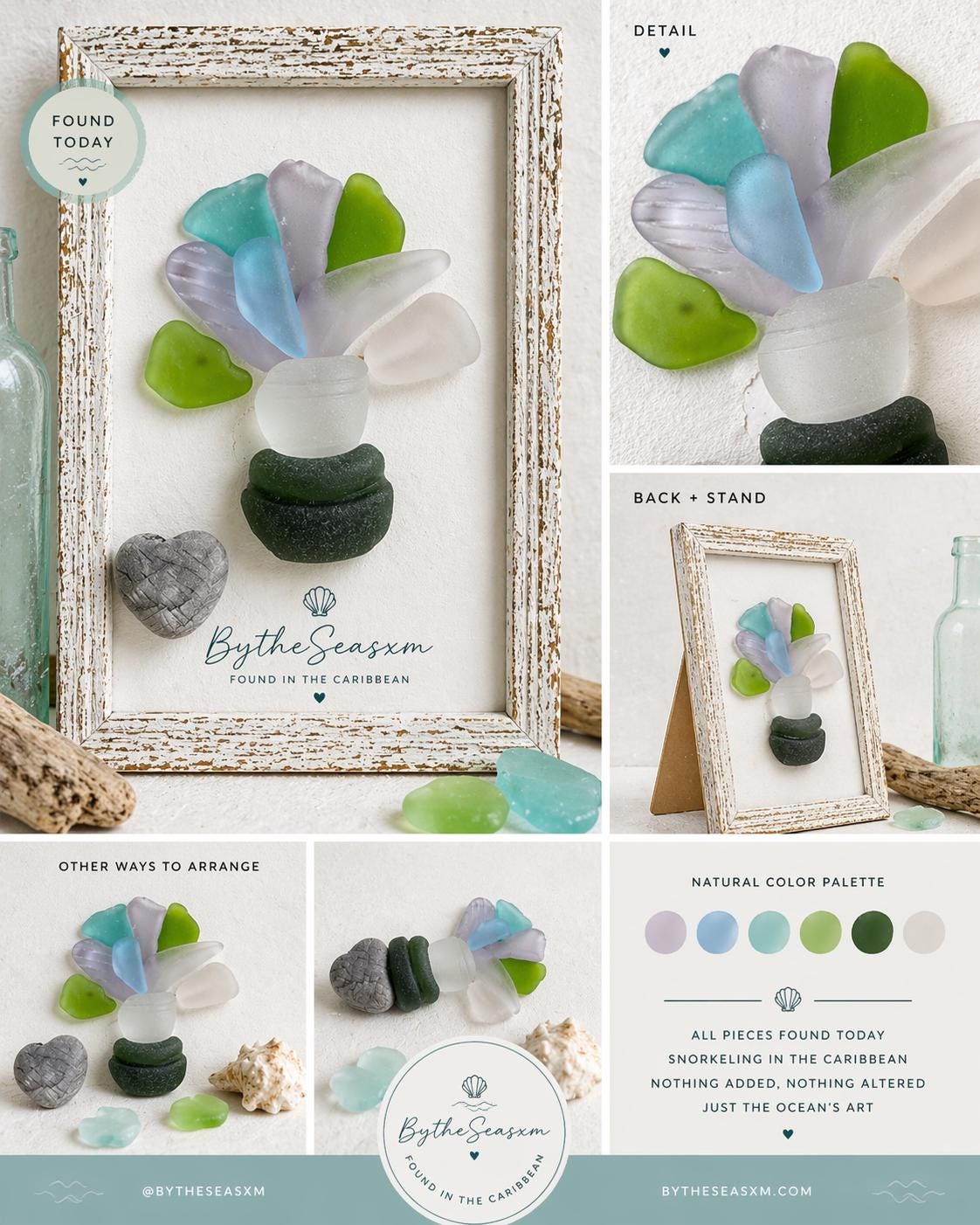 Sea Flowers Sea Glass Art Theraphy, Authentic Caribbean Sea Glass Bouquet, Coastal Beach Decor, Framed or Kit Handmade Sea Gl