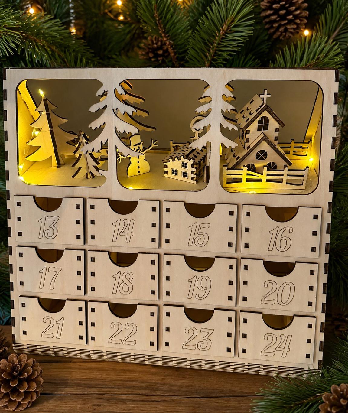 Unique Lighted Wooden Advent Calendar – Rustic Christmas Countdown Decoration, Holiday Family Tradition Limited Edition
