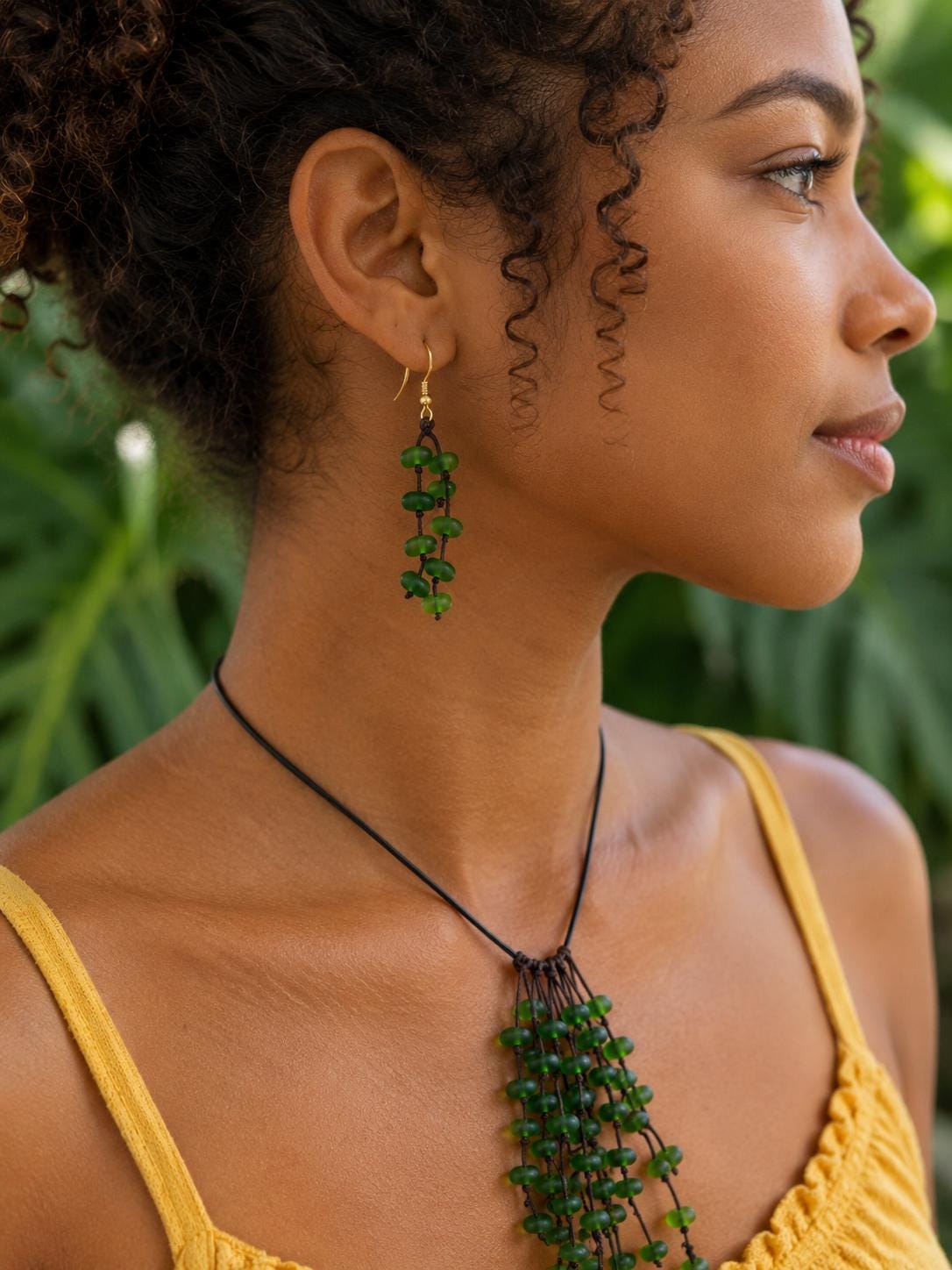 Caribbean Green Sea Glass Goddess Necklace & Earrings Set: Knotted Upcycled Jewelry