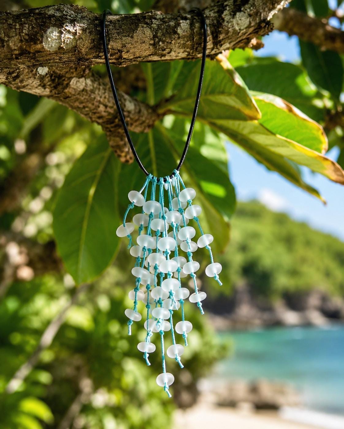 Caribbean Sea Glass Necklace & Earring Set: Knotted Pendant, Upcycled Ocean Jewelry